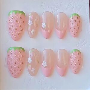 Pink & Green Strawberry 3D Press On Nails 10 pc Medium Reusable French Tip NWT